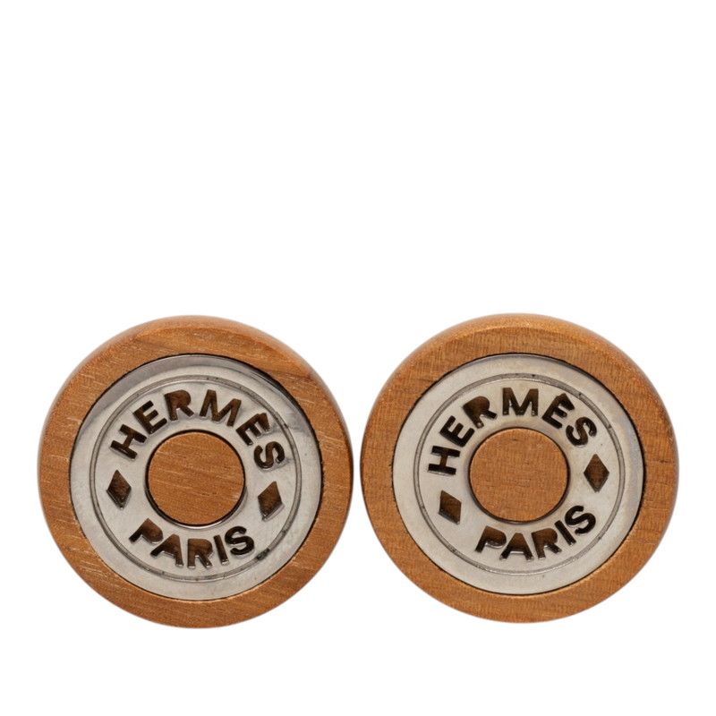 Hermes Series Round Earrings Brown Silver Wood Metal