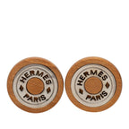 Hermes Series Round Earrings Brown Silver Wood Metal