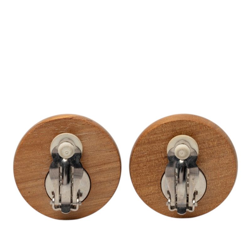 Hermes Series Round Earrings Brown Silver Wood Metal — view 2