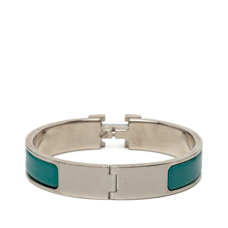 Hermes Click PM Enamel Bracelet Bangle Silver Green Metal — view 2