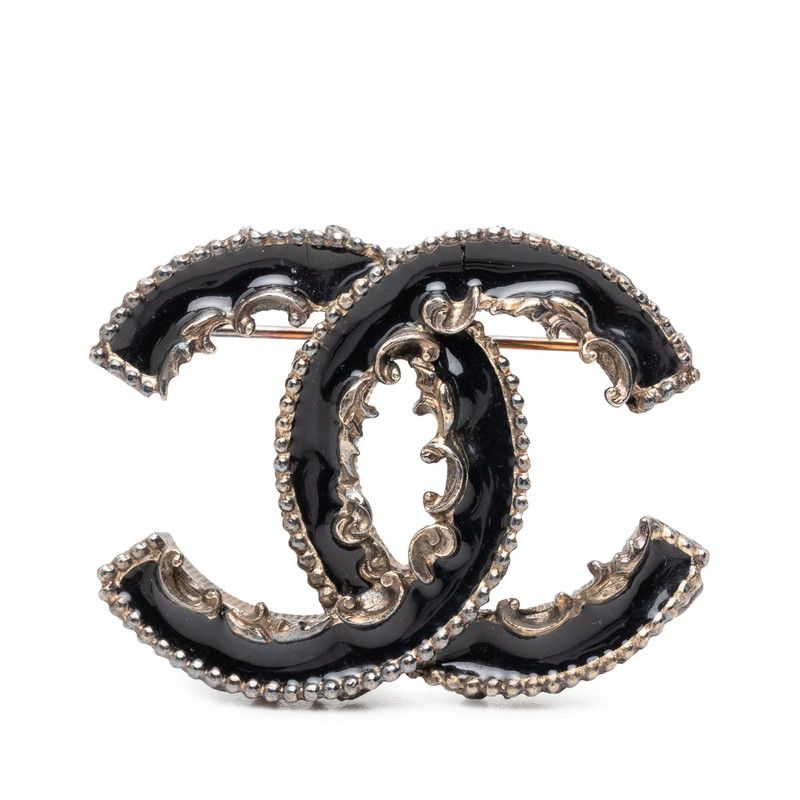 Chanel CC Logo Brooch 13 Gold Black Metal Resin