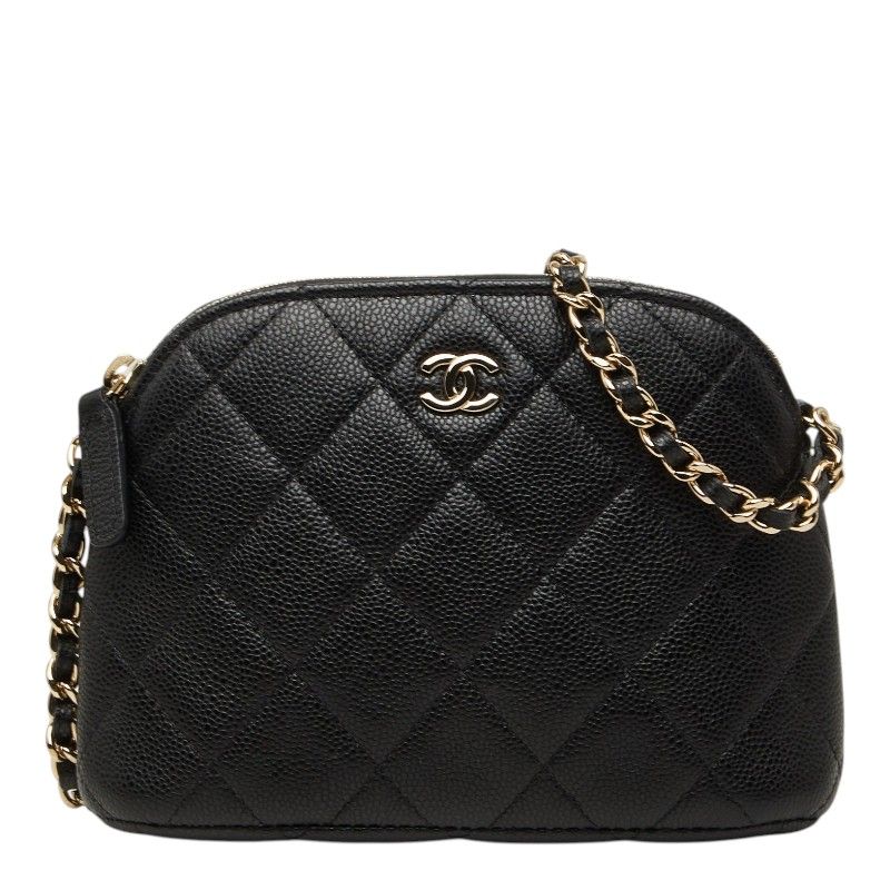 Chanel CC Logo Quilted Classic Chain Shoulder Bag Pochette Black Gold Caviar