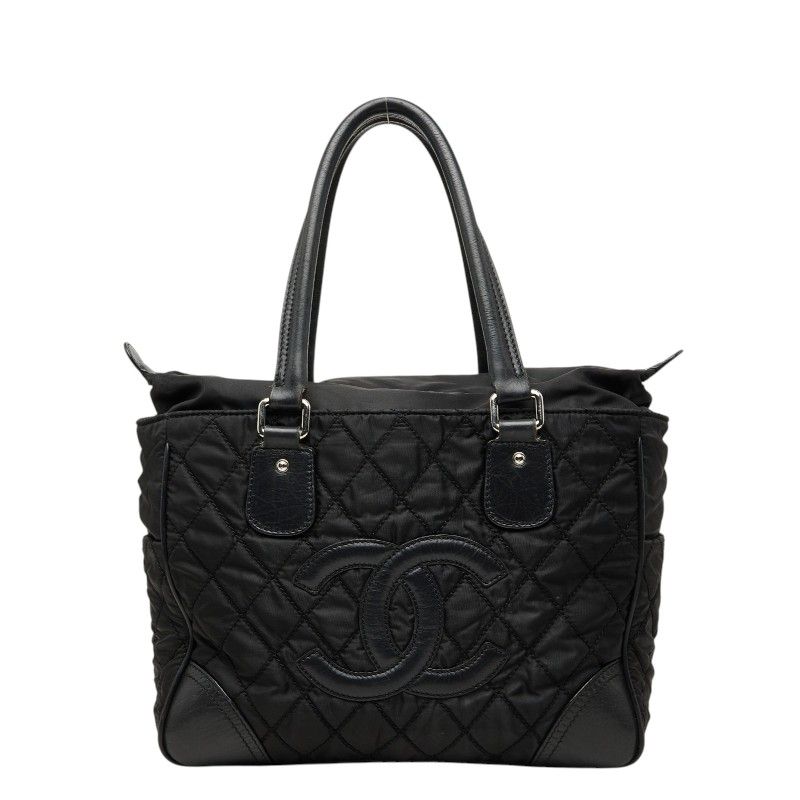 Chanel CC Logo Paris New York Line Tote Shoulder Bag Black Nylon Calf