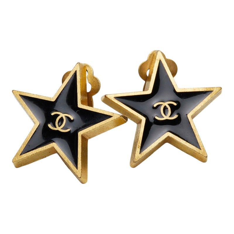 Chanel CC Logo Star Motif Earrings 01 Black Gold Plated