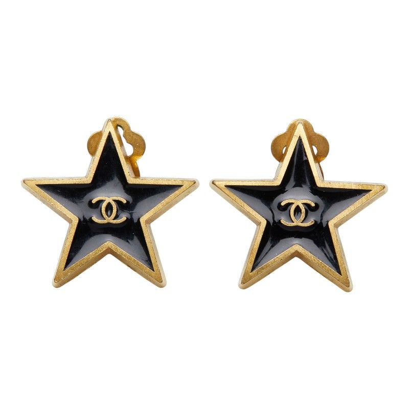 Chanel CC Logo Star Motif Earrings 01 Black Gold Plated — view 2