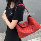 Chanel French Riviera Quilted CC Logo Shoulder Bag Caviar Leather Red Silver