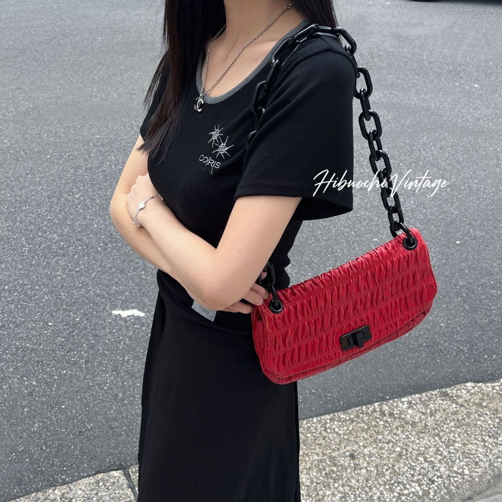 Prada Gaufre Chain Flap Shoulder Bag Leather Red Vintage