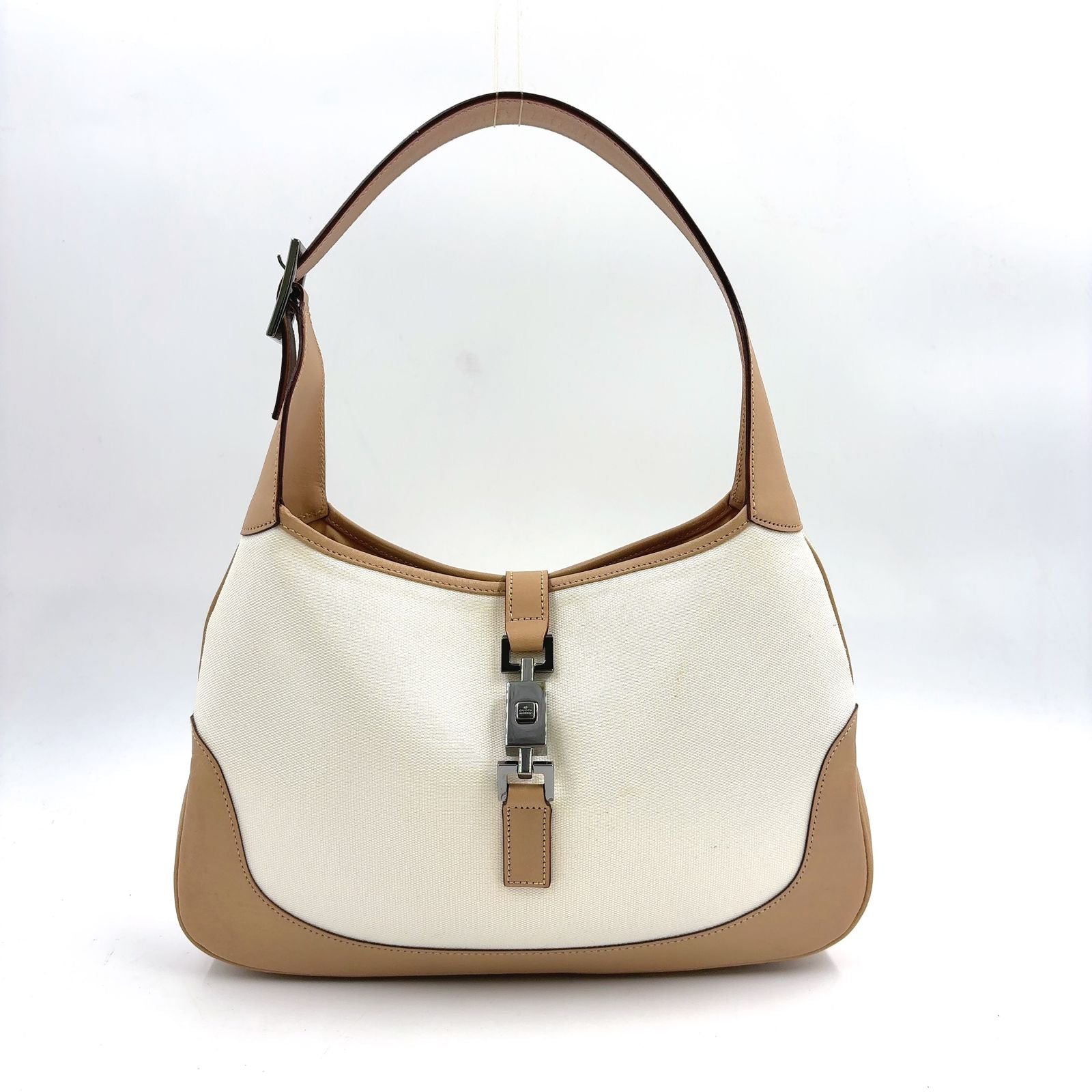 Gucci Jackie Leather Canvas White Lightbrown Oneshoulder Silver Handbag