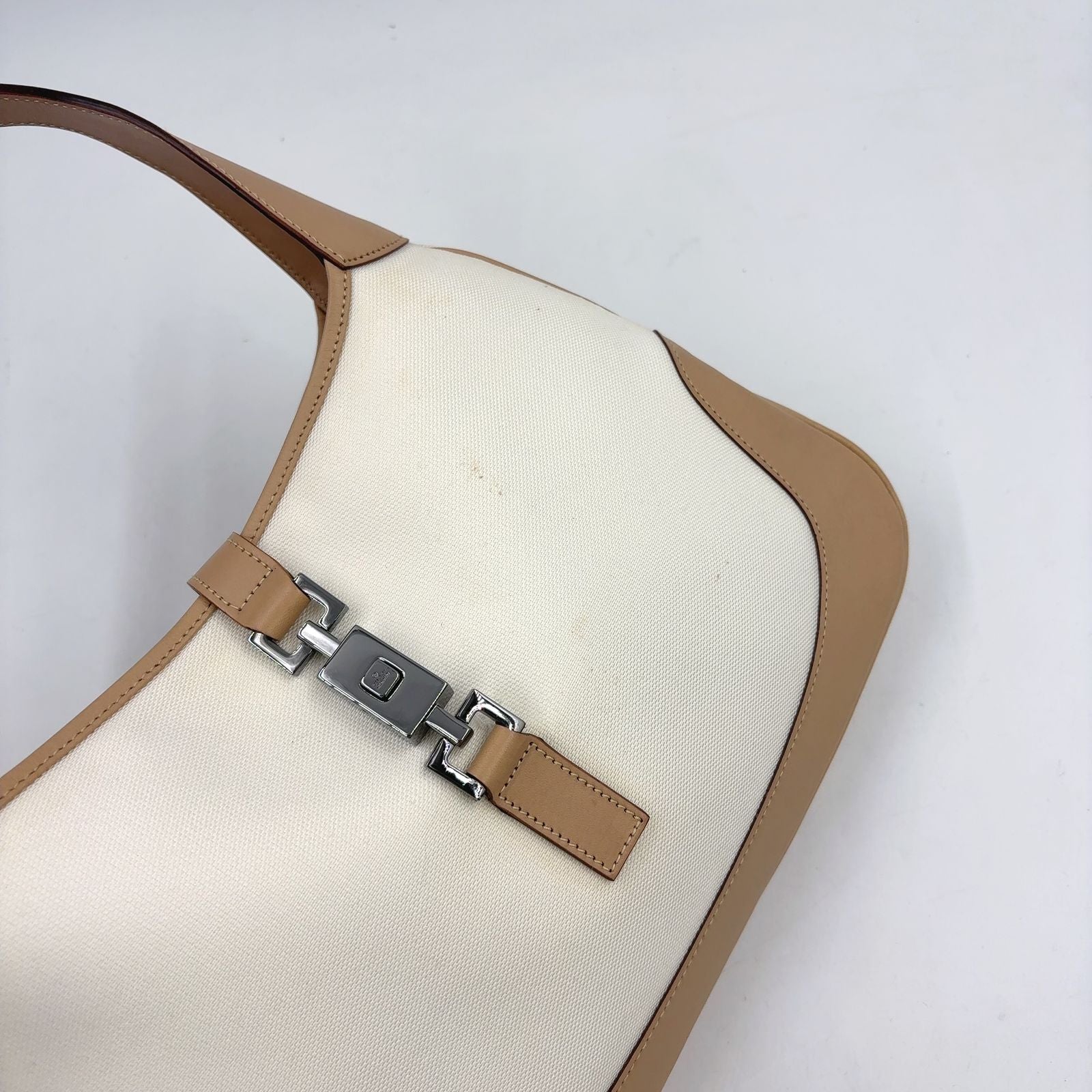 Gucci Jackie Leather Canvas White Lightbrown Oneshoulder Silver Handbag — view 5