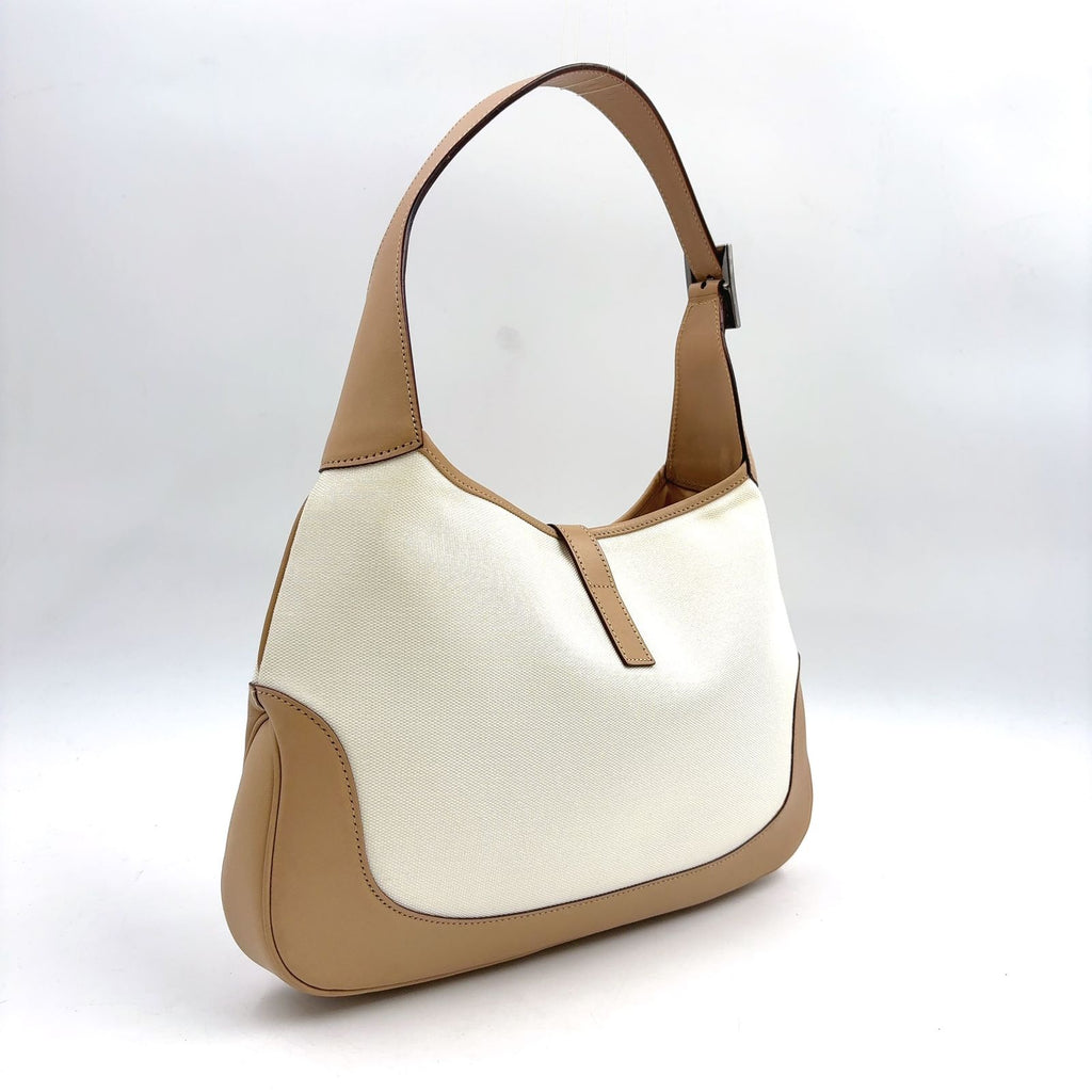 Gucci Jackie Leather Canvas White Lightbrown Oneshoulder Silver Handbag — view 2