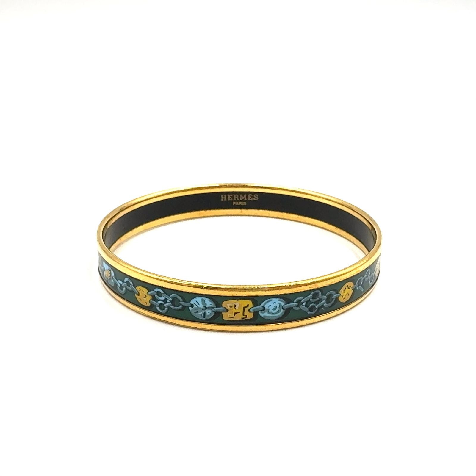 Hermes Enamel PM Metal Green Gold Bangle Bracelet