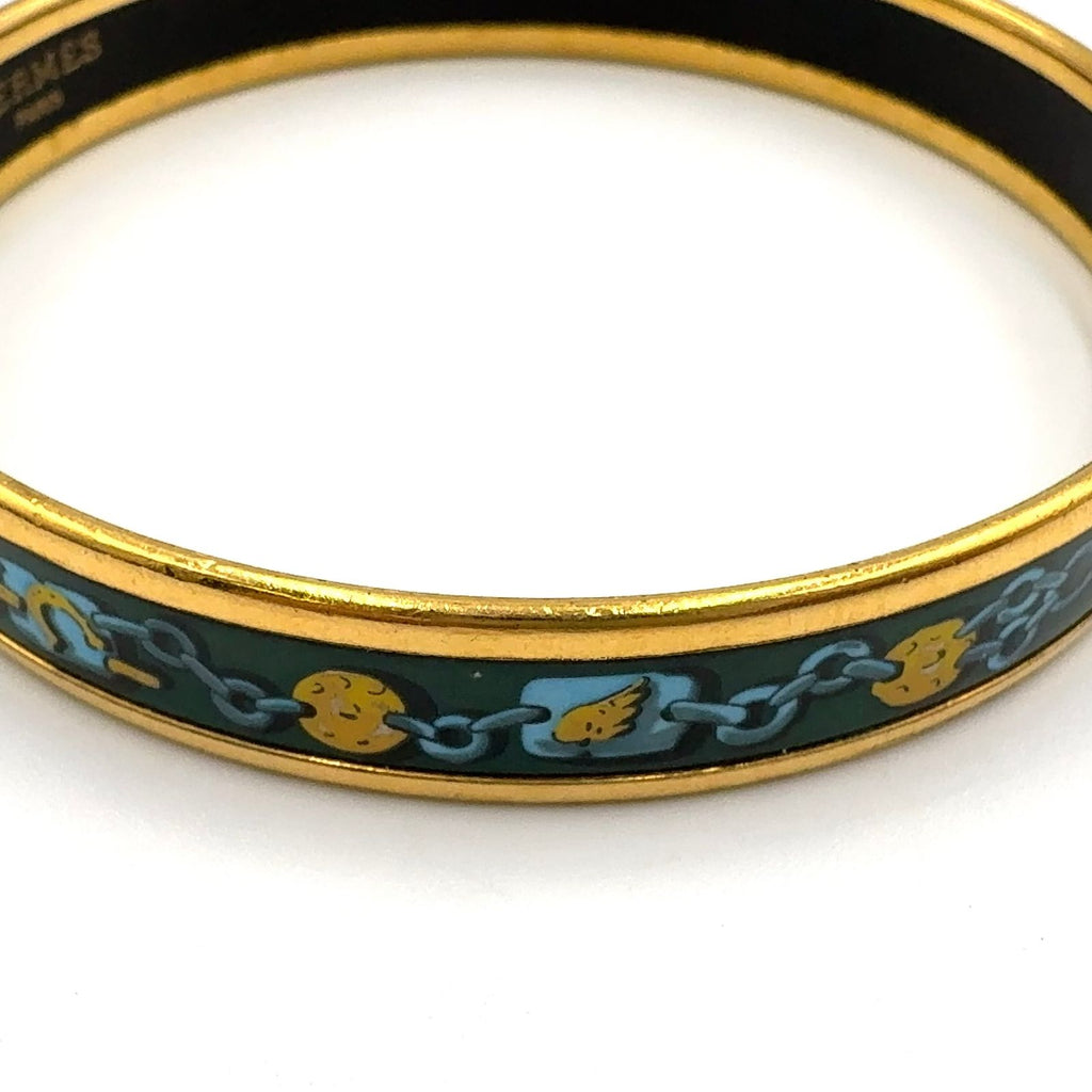 Hermes Enamel PM Metal Green Gold Bangle Bracelet — view 8