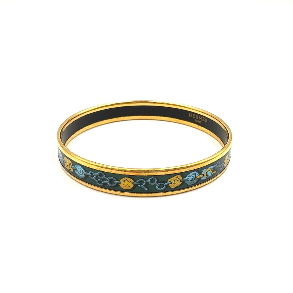 Hermes Enamel PM Metal Green Gold Bangle Bracelet — view 2