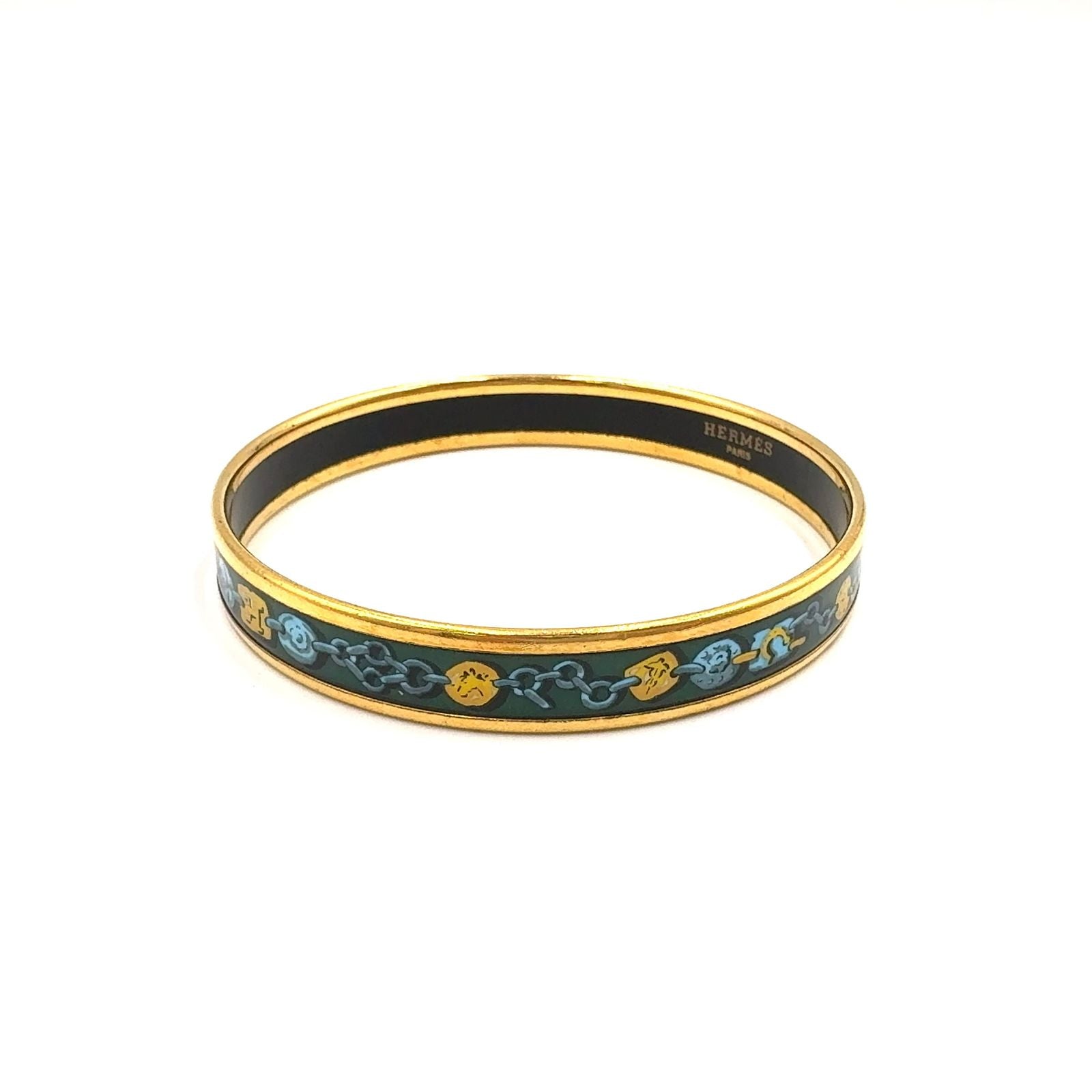 Hermes Enamel PM Metal Green Gold Bangle Bracelet — view 2