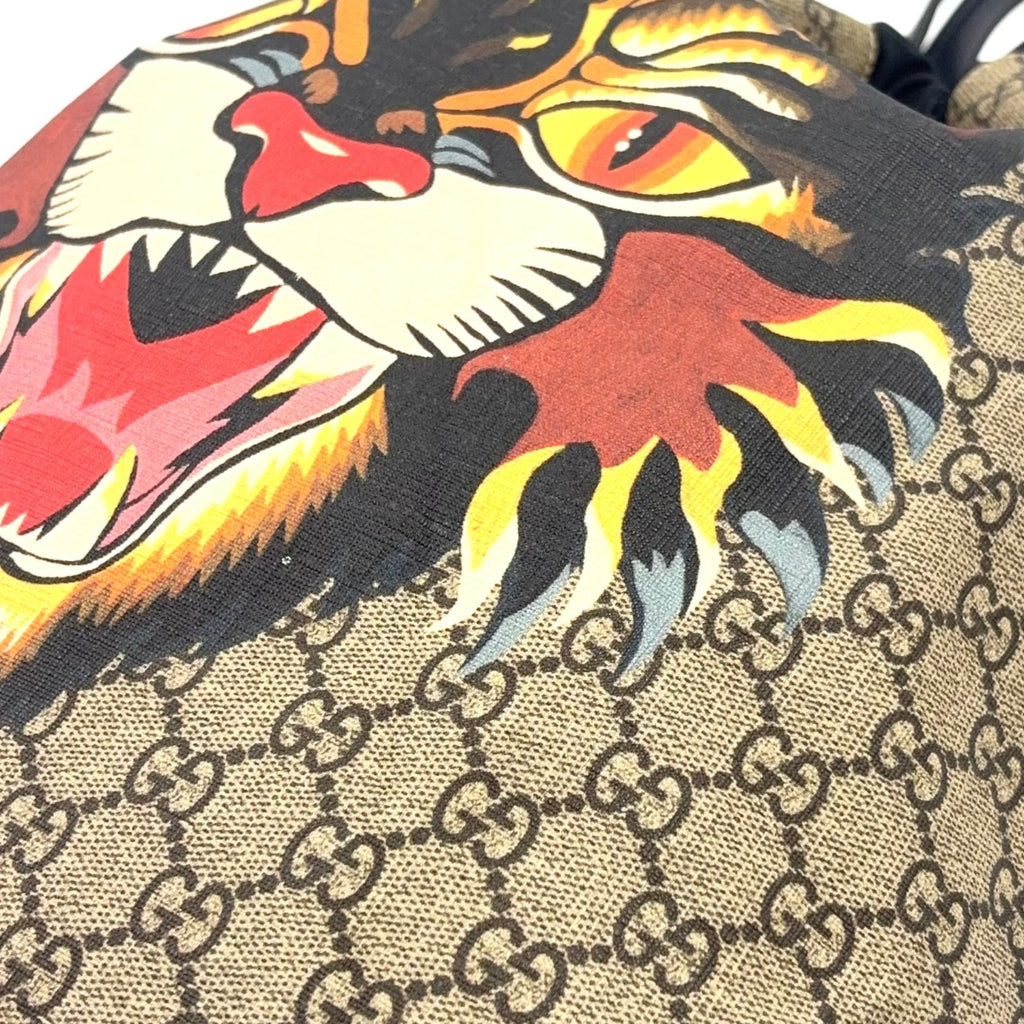 Gucci Drawstring Backpack GG Supreme Leather Nylon Black Beige — view 5