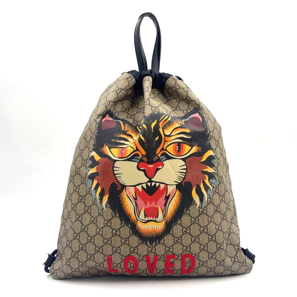 Gucci Drawstring Backpack GG Supreme Leather Nylon Black Beige