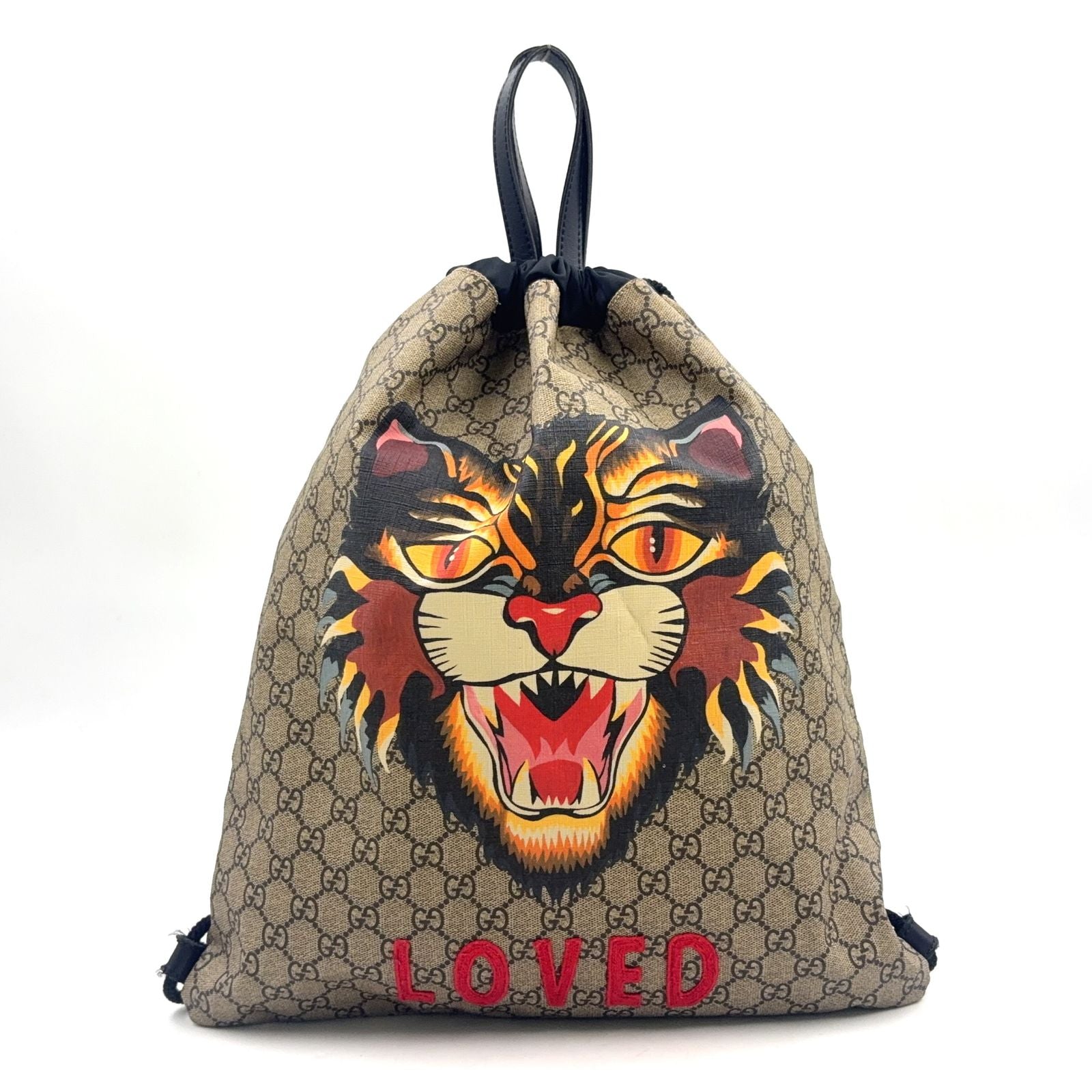 Gucci Drawstring Backpack GG Supreme Leather Nylon Black Beige