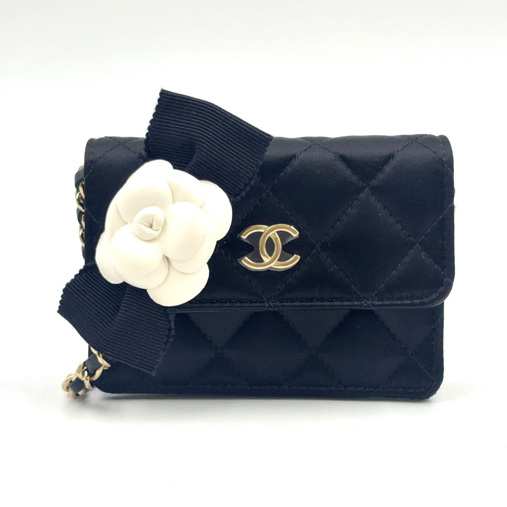 Chanel Quilted Camellia Ribbon Leather Satin Fabric Black White Minishoulder