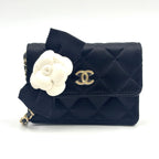 Chanel Quilted Camellia Ribbon Leather Satin Fabric Black White Minishoulder