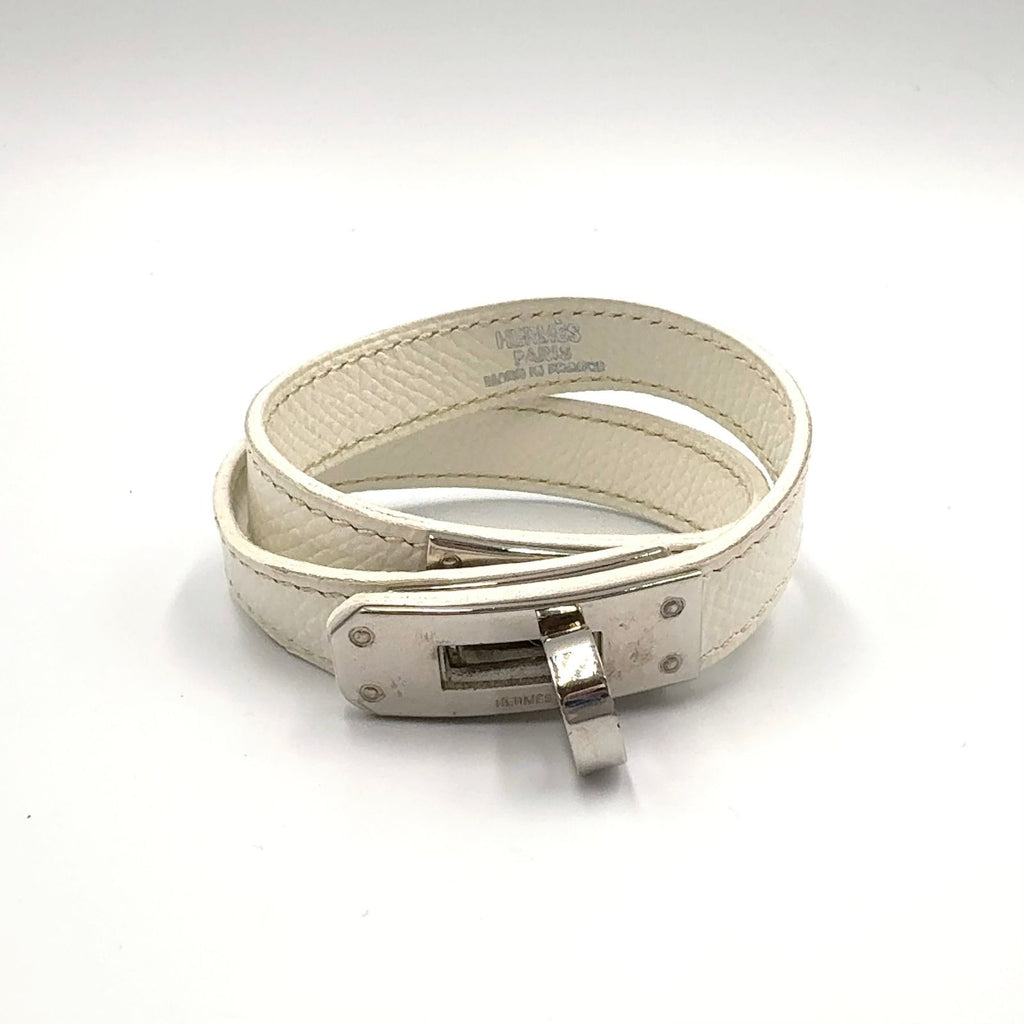 Hermes Kelly Double Tour Leather Metal White Bracelet Silver