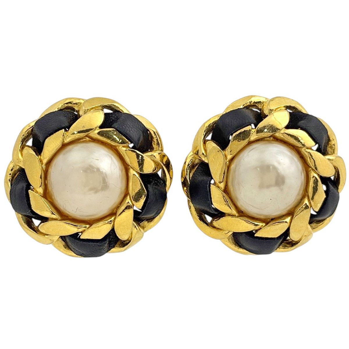 Chanel Earrings CC Logo Leather Gold Black