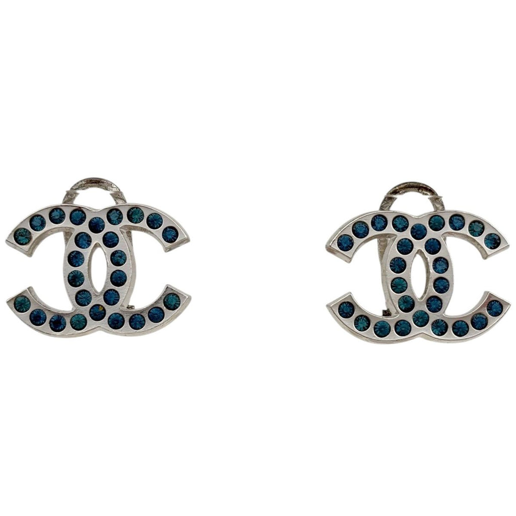 Chanel Earrings CC Logo Silver Plated Rhinestone Blue