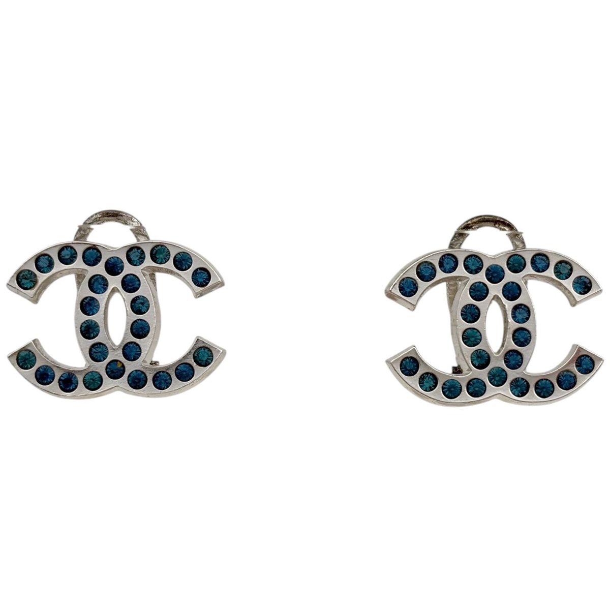 Chanel Earrings CC Logo Silver Plated Rhinestone Blue