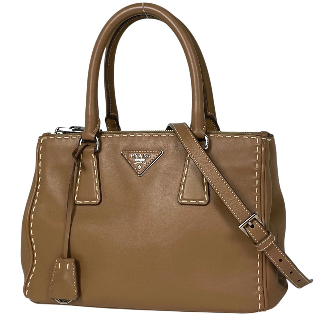 Prada Galleria Handbag 2-Way Stitch Leather Brown