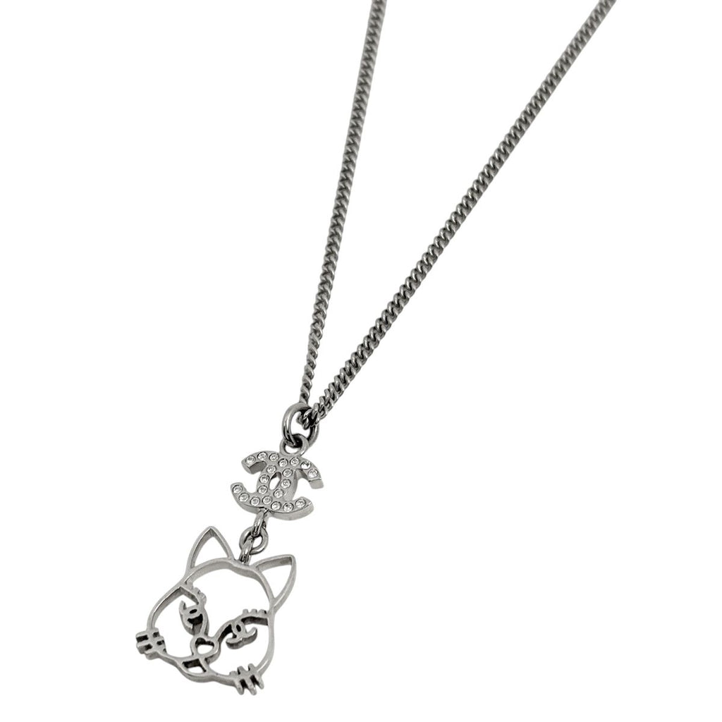 Chanel Necklace CC Logo Long Silver Plating Rhinestone