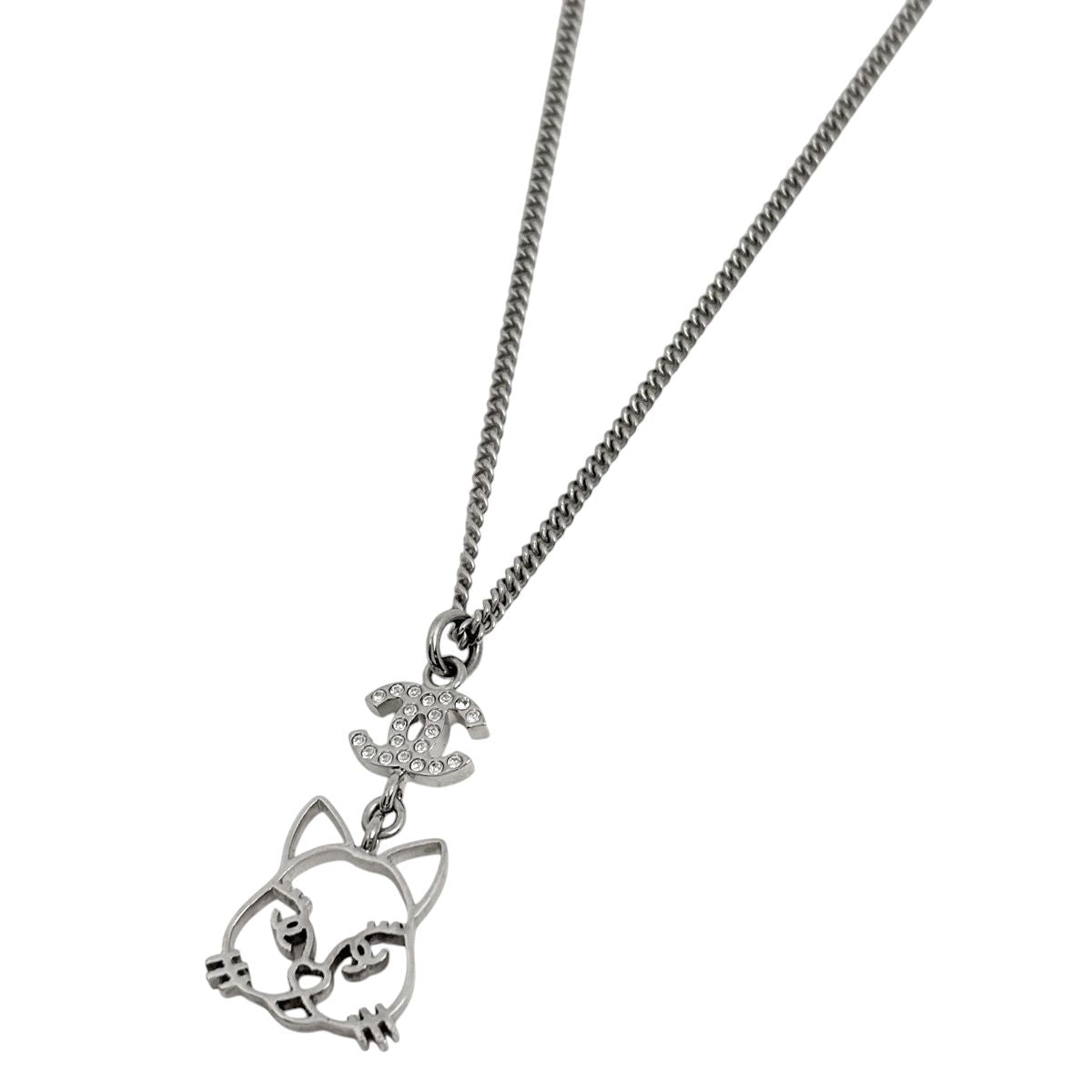 Chanel Necklace CC Logo Long Silver Plating Rhinestone