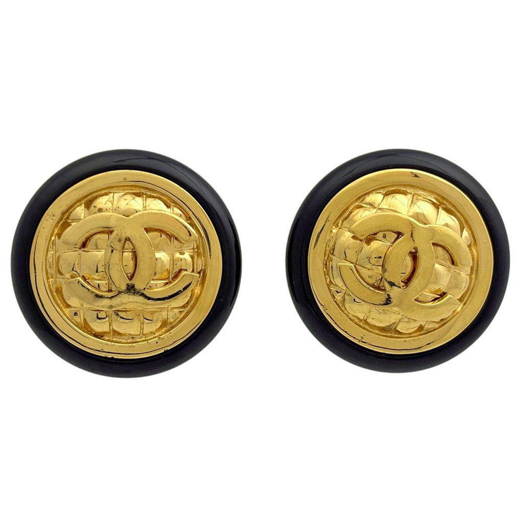 Chanel Earrings CC Logo Round Gold Plated Black