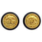 Chanel Earrings CC Logo Round Gold Plated Black