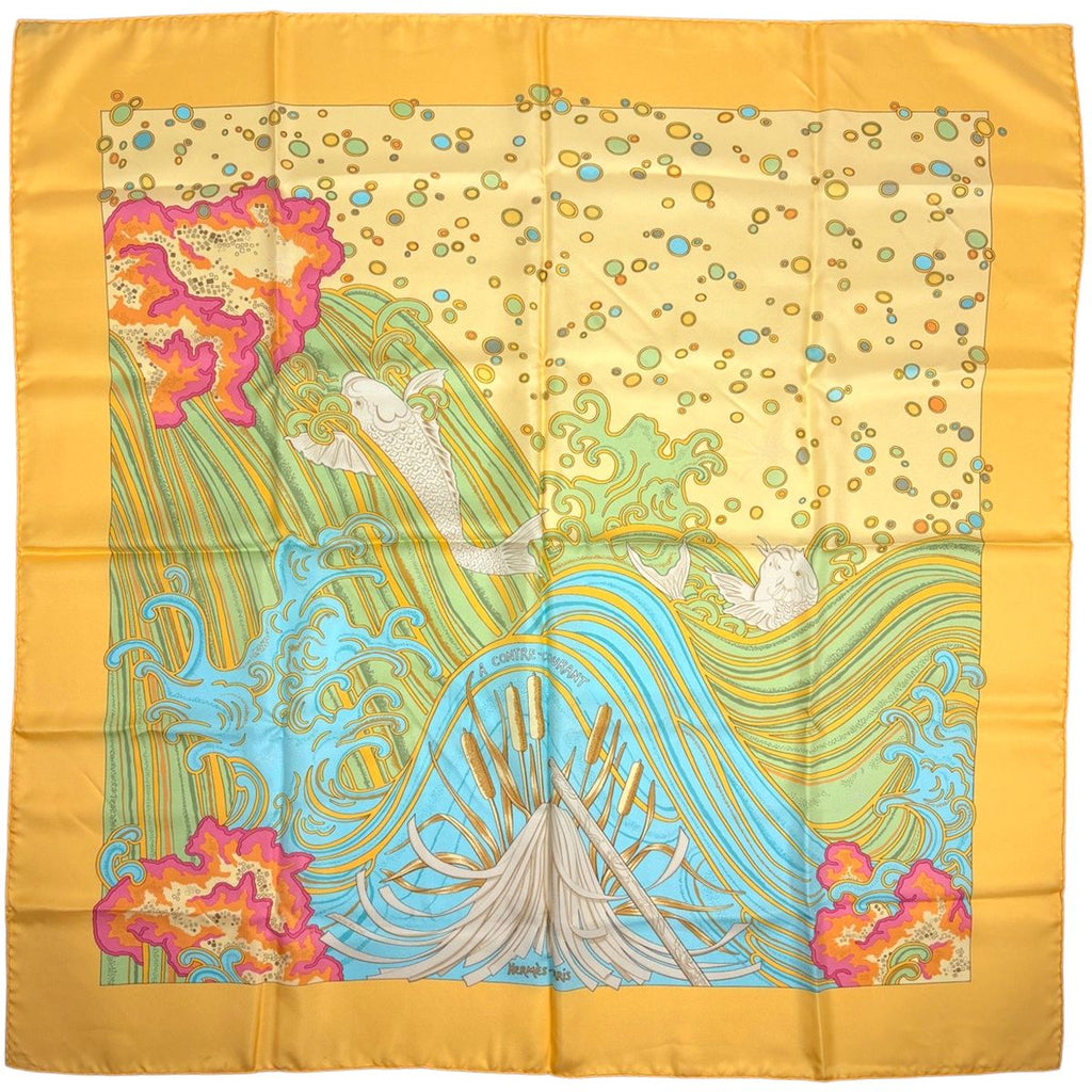 Hermes Carre 90 a Contre Courant Scarf Silk Yellow Multicolor