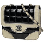 Chanel Shoulder Bag CC Logo Chocolate Bar Patent Leather Black Ivory