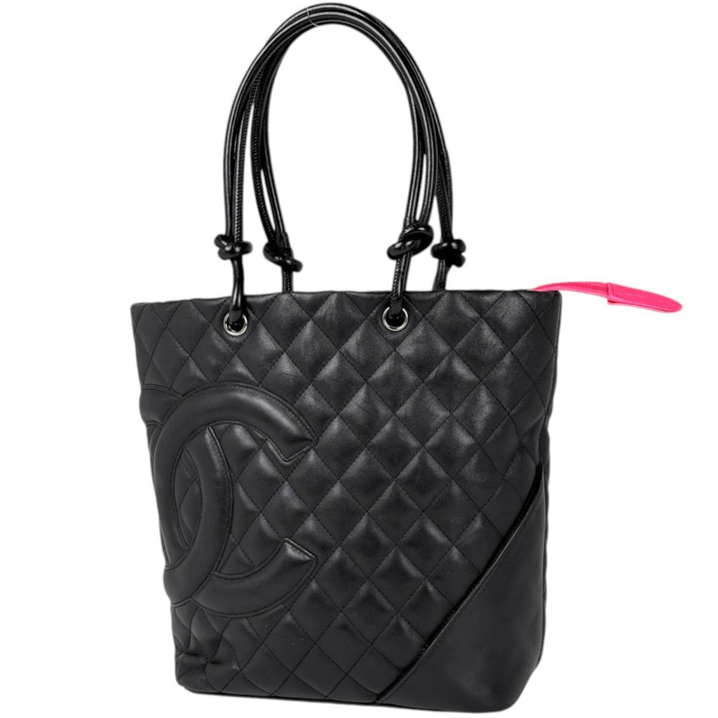 Chanel Cambon Line Tote CC Logo Handbag Leather Black