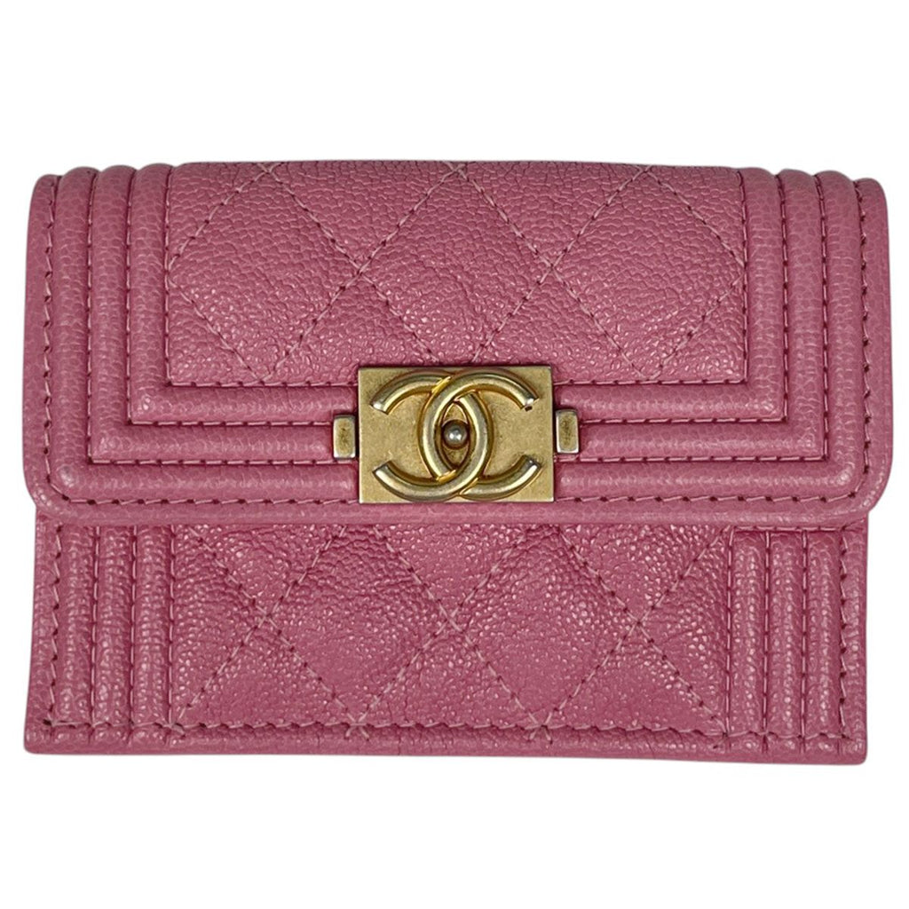 Chanel Trifold Wallet CC Logo Boy Small Caviar Leather Pink