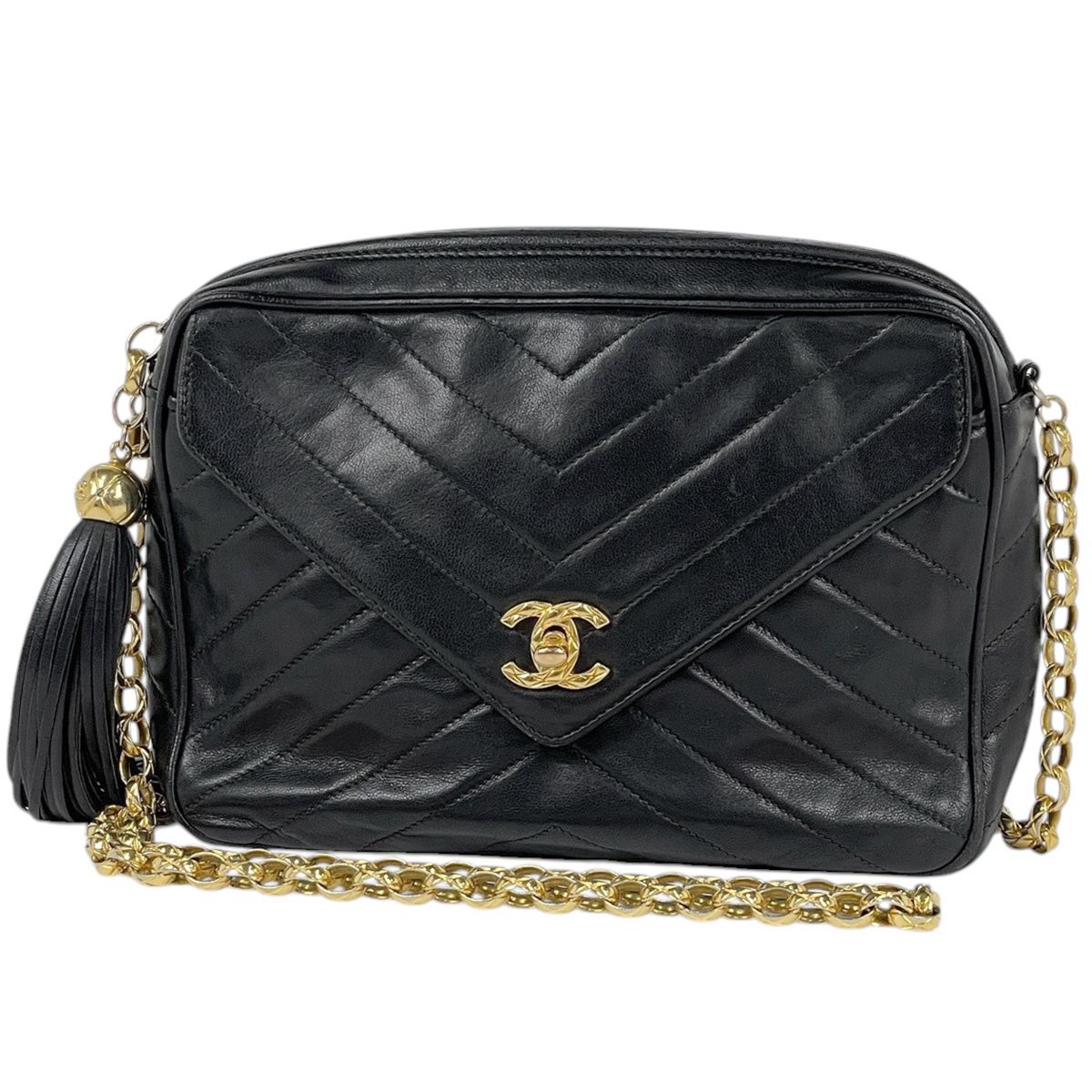 Chanel Shoulder Bag CC Logo Tassel Leather Black
