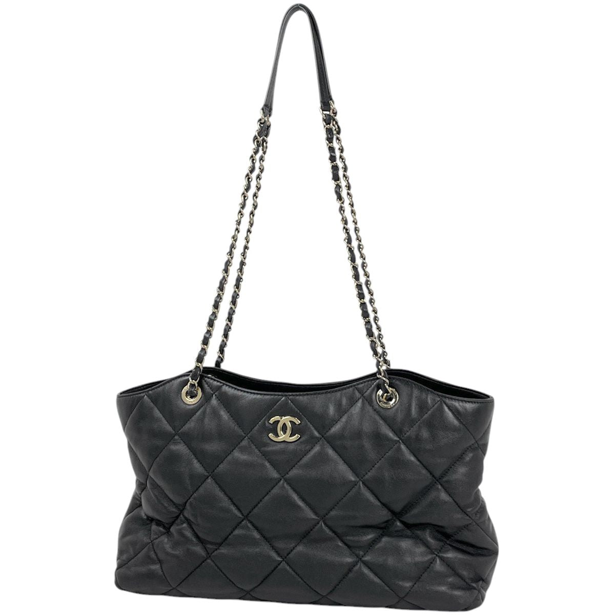 Chanel Tote CC Logo Quilted 2-Way Drawstring Leather Black