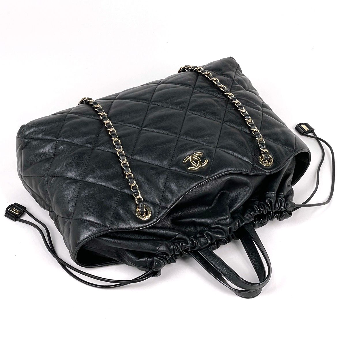 Chanel Tote CC Logo Quilted 2-Way Drawstring Leather Black — view 7
