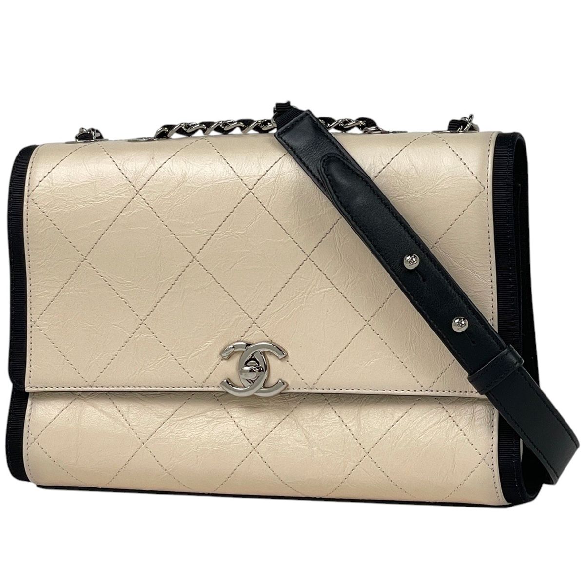 Chanel Shoulder Bag CC Logo Quilted Chain Bicolor Leather Beige Black