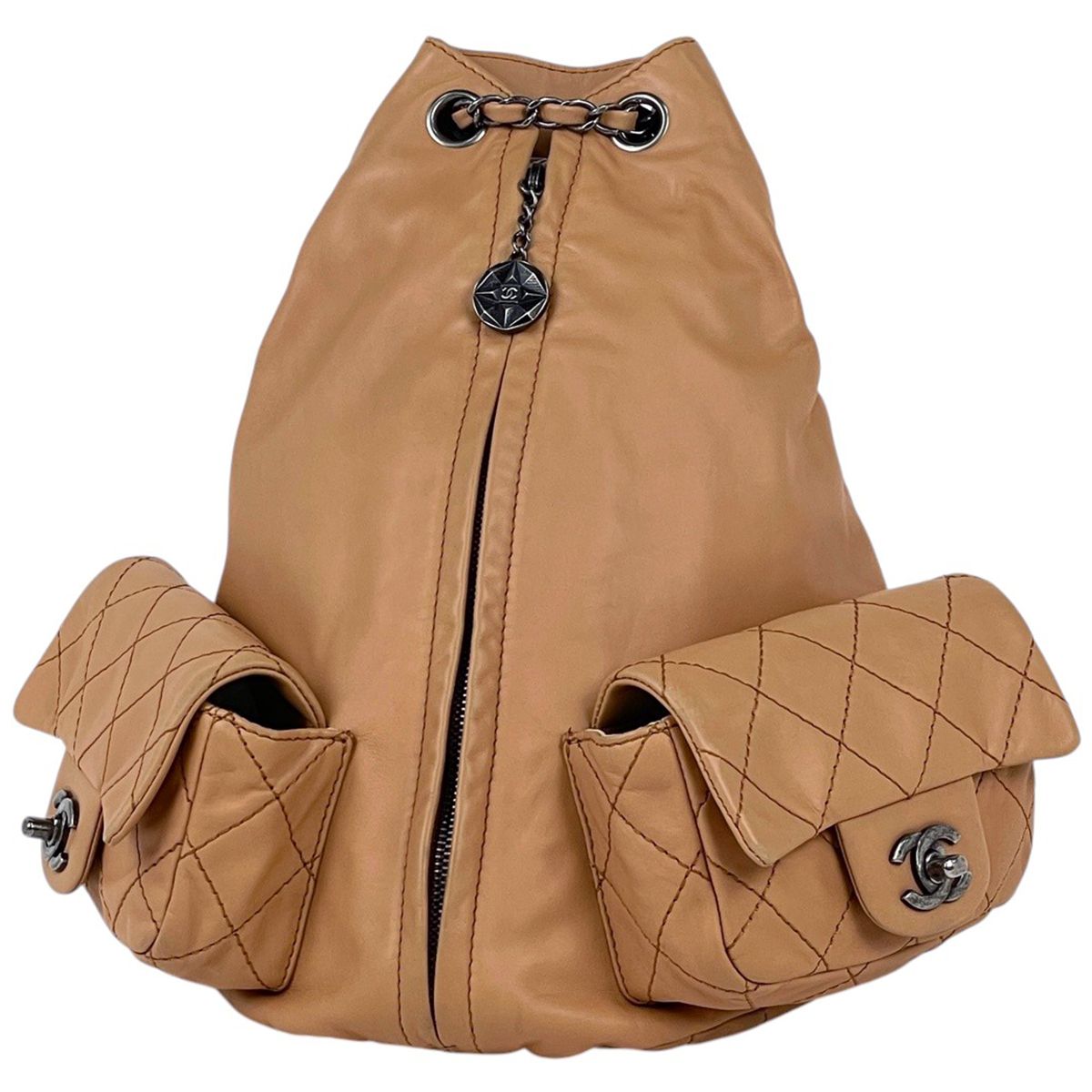 Chanel Backpack CC Logo Quilted Wild Stitch Leather Beige