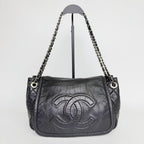 Chanel CC Logo Chain Shoulder Bag Leather Black Silver Vintage — view 4