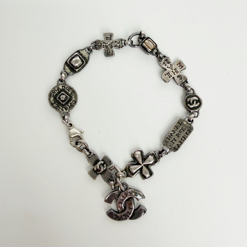 Chanel CC Logo Multi Charm Bracelet Plated Silver Vintage