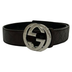Gucci Belt 85 34 Dark Brown Silver Interlocking Guccissima Line Leather