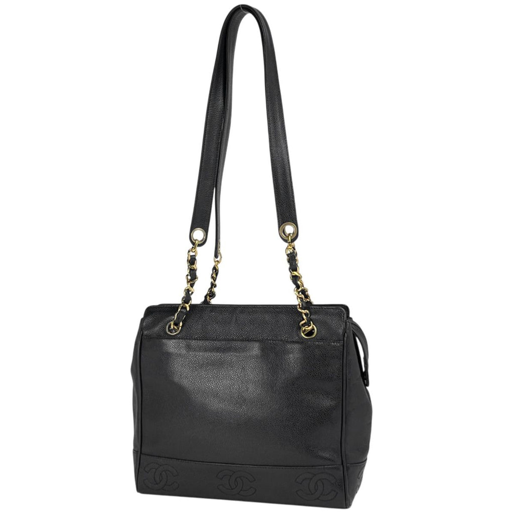 Chanel Triple CC Logo Chain Tote Shoulder Bag Caviar Leather Black