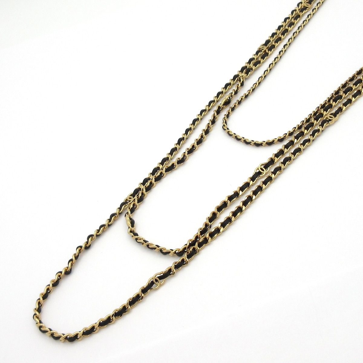 Chanel Necklace CC Logo Leather Gold Black Triple Strand