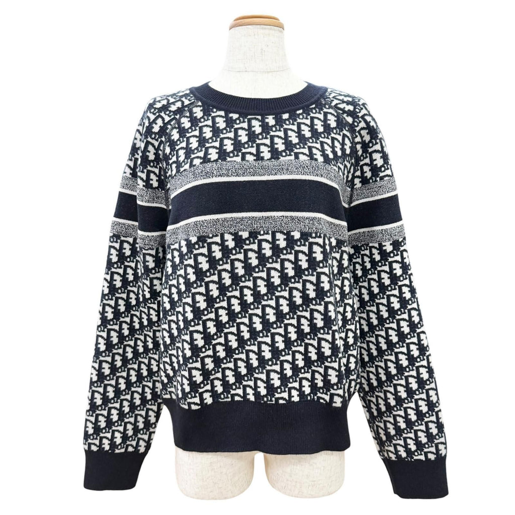 Dior Cashmere 97% Oblique Logo Reversible Long Sleeve Knit Navy 44 Sweater