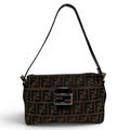 Fendi Vintage Leather Zucca Pattern FF Logo Shoulder Bag Brown
