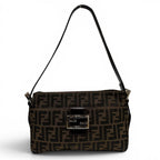 Fendi Vintage Leather Zucca Pattern FF Logo Shoulder Bag Brown