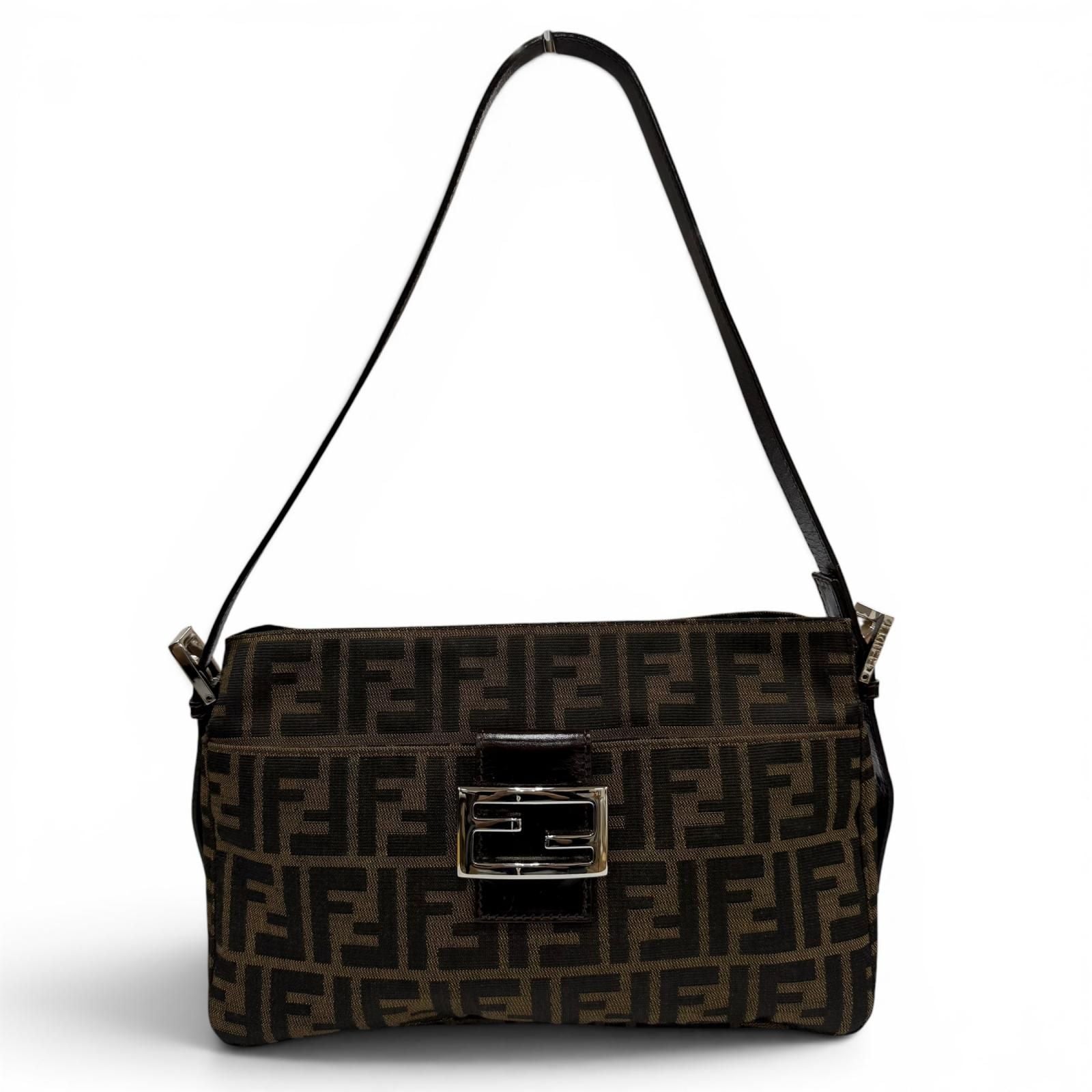 Fendi Vintage Leather Zucca Pattern FF Logo Shoulder Bag Brown